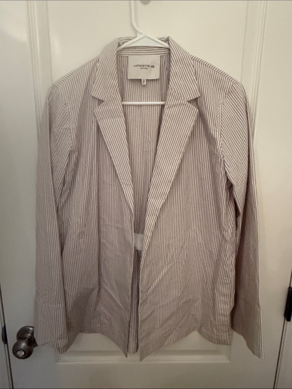 Lafayette 148 New York Tan Pinstripe Tie back Open Blazer
